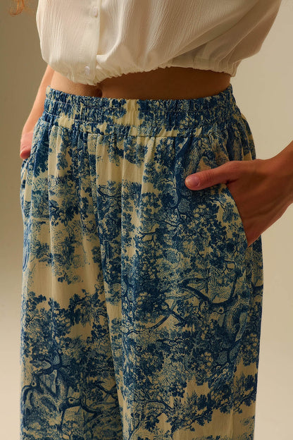 Calças fluidas com estampado Toile de Jouy e cintura elástica