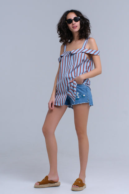 Calções de ganga mid wash azul com desenho floral