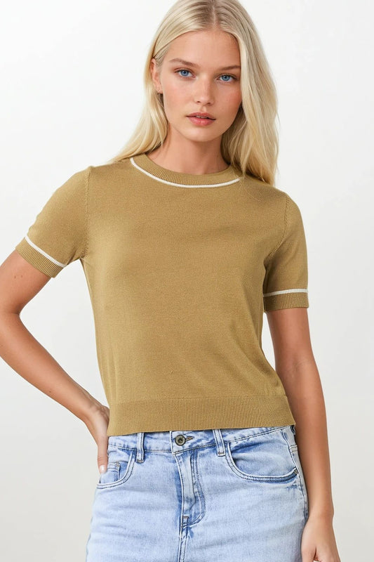 Q2 Camel Short Sleeve Knit Top with White Contrast Trims