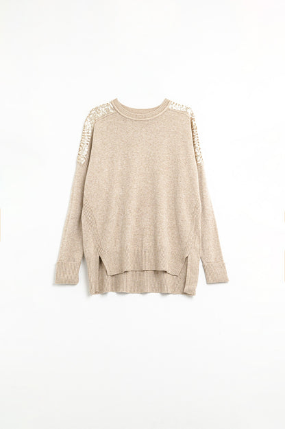 Q2 Camelo Camisola de mangas compridas com lantejoulas nos ombros