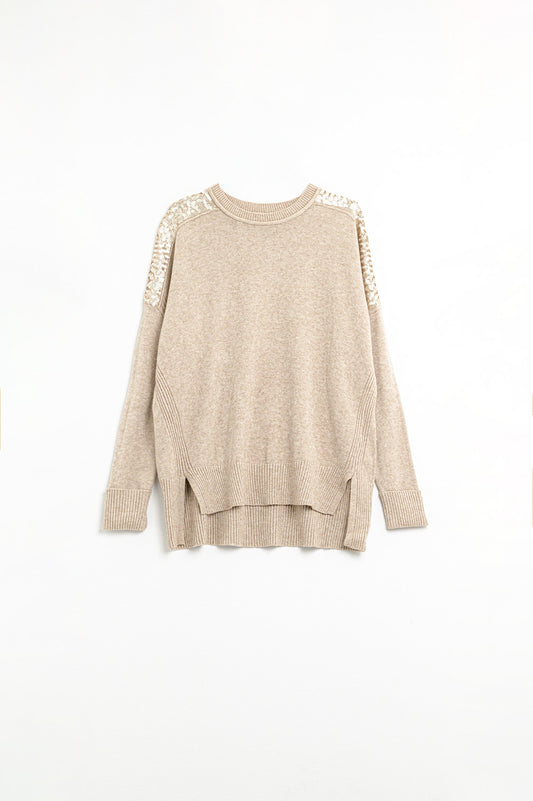 Q2 Camelo Camisola de mangas compridas com lantejoulas nos ombros
