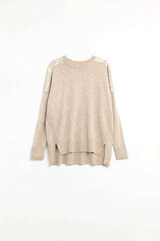 Camelo Camisola de mangas compridas com lantejoulas nos ombros
