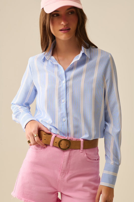 Q2 Camisa às riscas de tecido macio em azul e branco