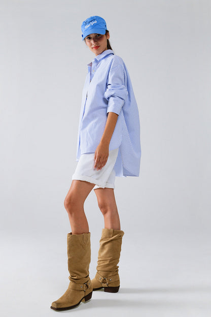 Camisa às riscas Poplin Oversize com pormenor de laço em azul e branco