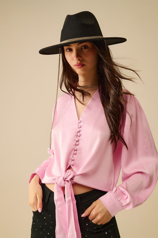 Q2 Camisa cortada em cor-de-rosa com nó