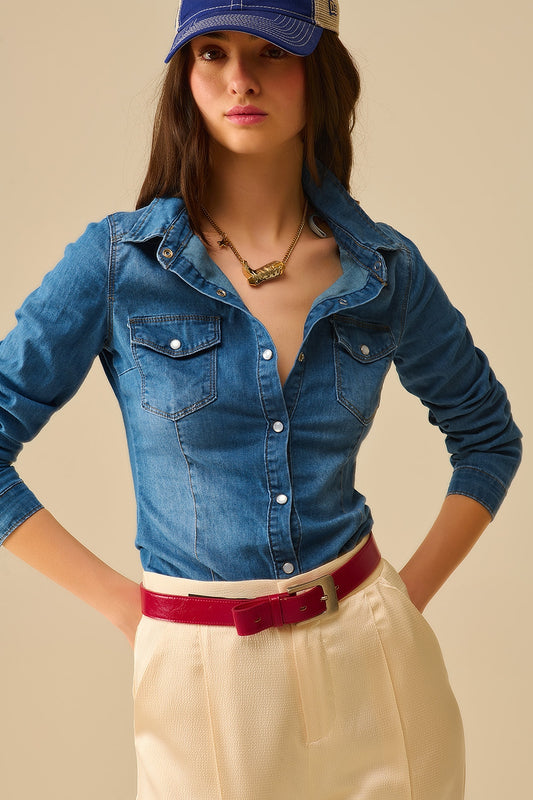 Q2 Camisa de ganga elástica com bolsos no peito