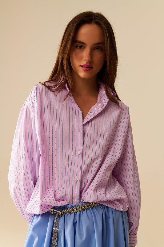 Q2 Camisa de popelina às riscas cor-de-rosa decorada com strass
