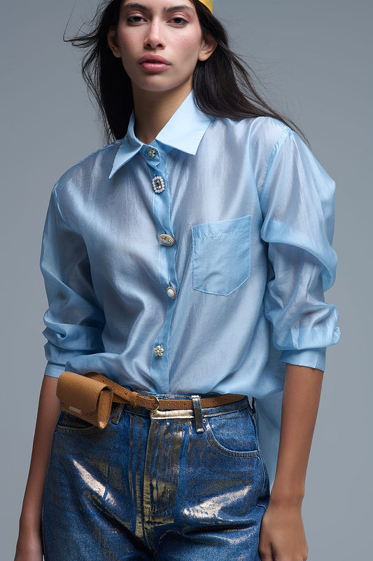 Q2 Camisa de seda solta com botões em azul