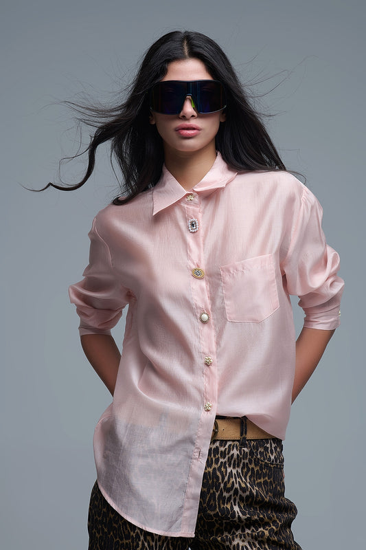 Q2 Camisa de seda solta com botões em cor-de-rosa