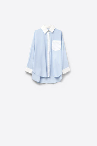 Camisa Listrada Azul com bolso e colarinho branco