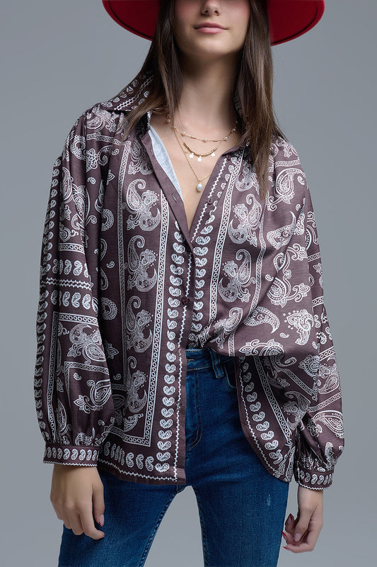 Q2 Camisa Paisley castanha com mangas volumosas