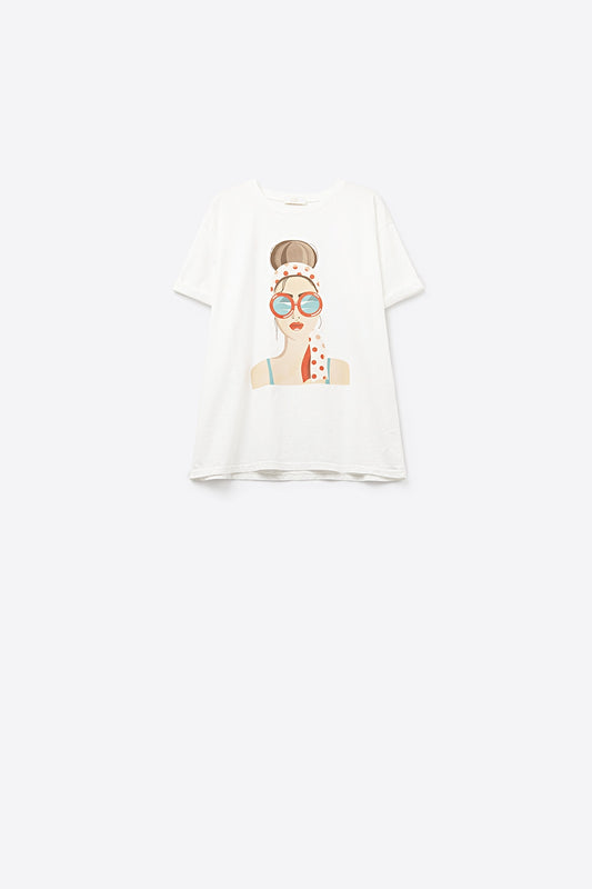 Q2 Camiseta branca feita na Itália com estampa gráfica de garota vintage