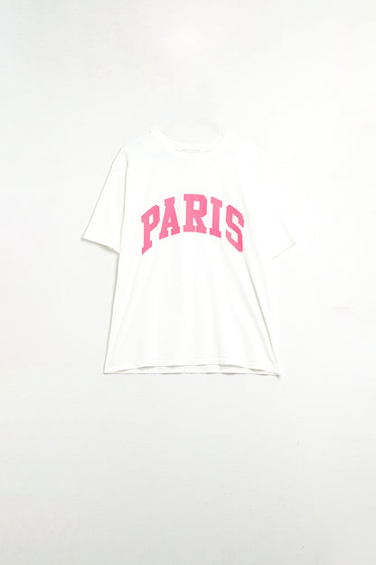 Q2 Camiseta Relaxada Branca Paris com Letras Cor-de-rosa