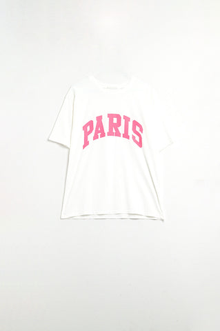 Camiseta Relaxada Branca Paris com Letras Cor-de-rosa