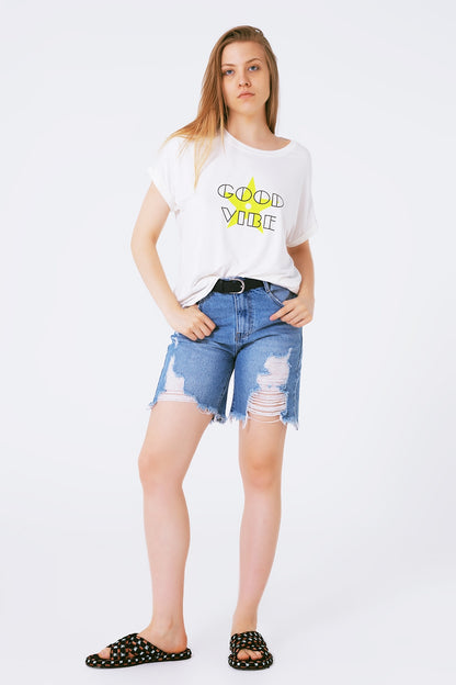 Camisetas Colarinho de barco Desenho amplo Impressão good Vibe fluor