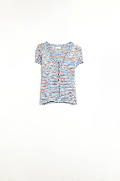 Camisola abotoado em azul com listras laranja