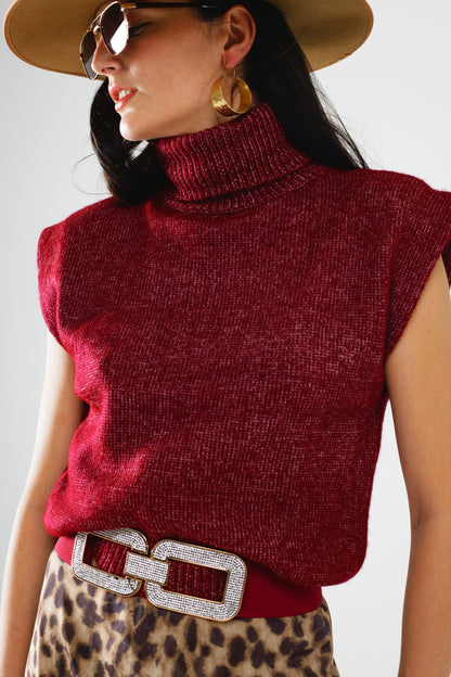 Camisola aconchegante de gola alta sem mangas em cor de vinho