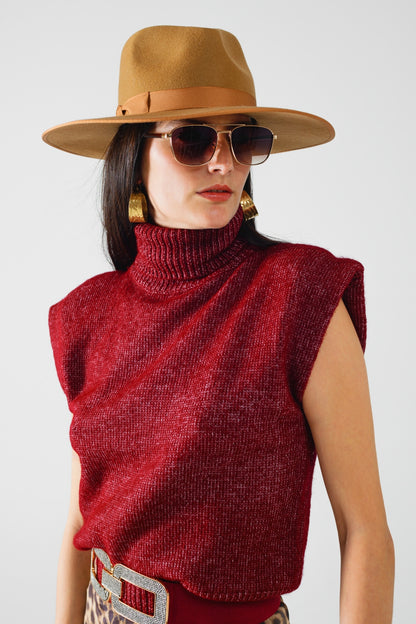 Camisola aconchegante de gola alta sem mangas em cor de vinho