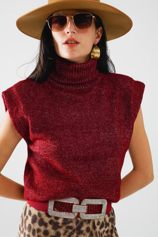 Camisola aconchegante de gola alta sem mangas em cor de vinho