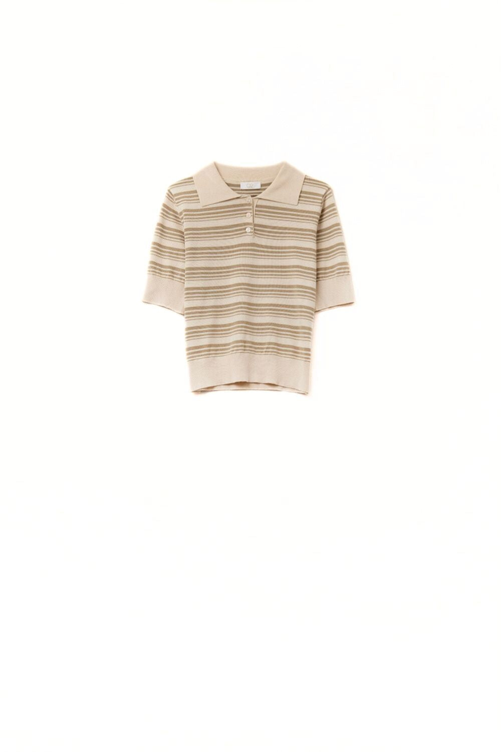 Camisola às riscas bege e camel com gola polo