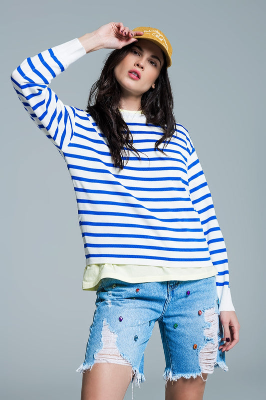 Q2 Camisola básica de riscas com gola redonda em azul
