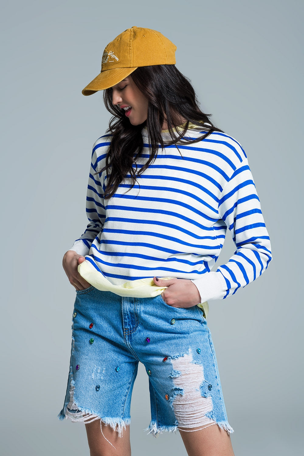 Camisola básica de riscas com gola redonda em azul