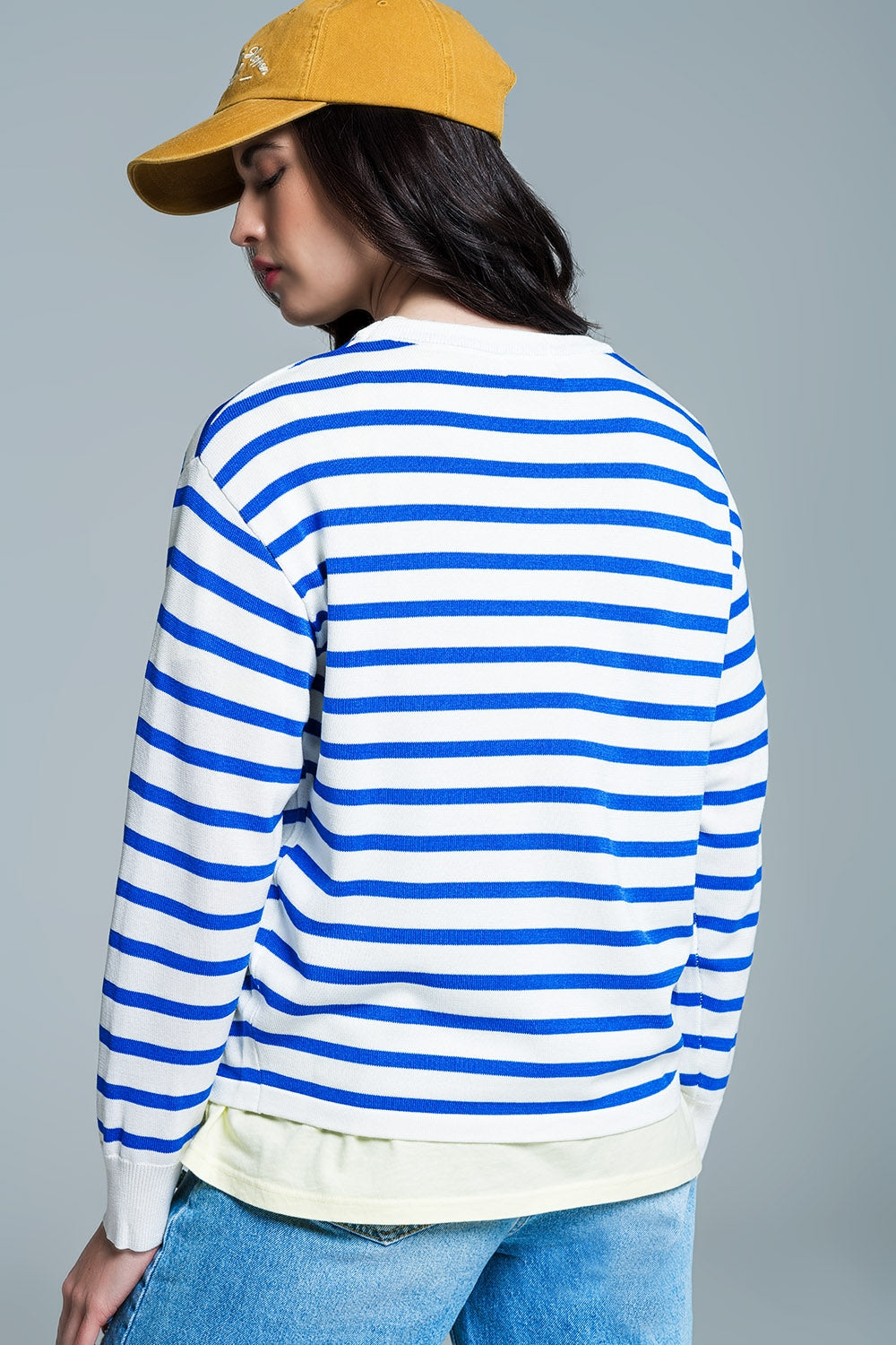 Camisola básica de riscas com gola redonda em azul