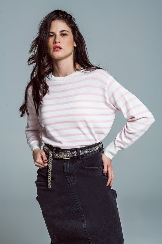Q2 Camisola básica de riscas com gola redonda em cor-de-rosa