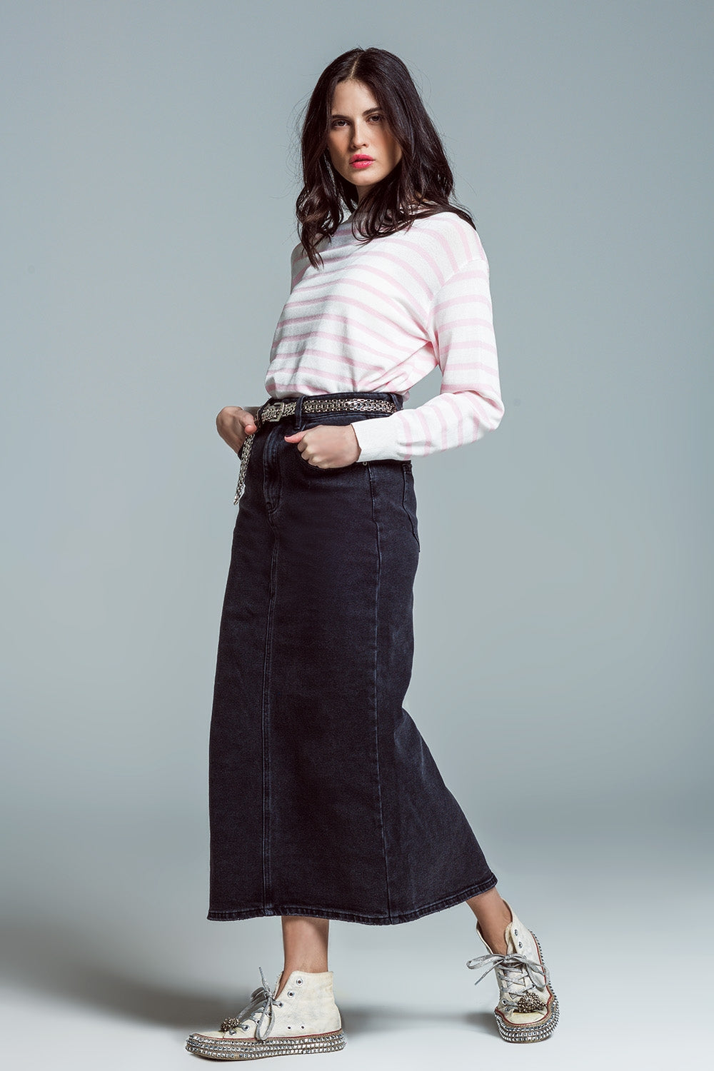 Camisola básica de riscas com gola redonda em cor-de-rosa