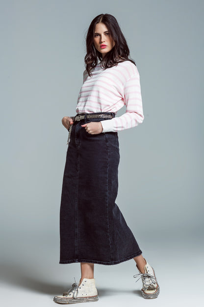 Camisola básica de riscas com gola redonda em cor-de-rosa
