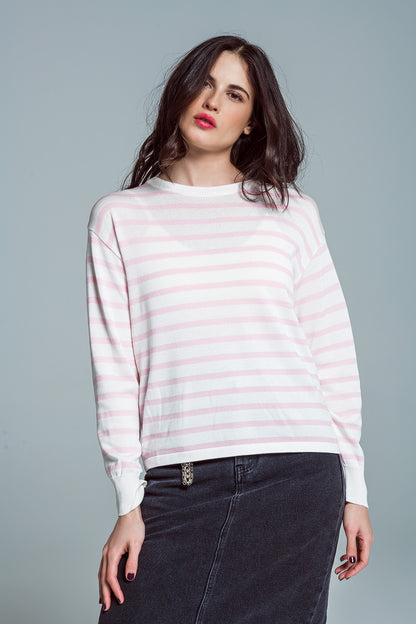 Camisola básica de riscas com gola redonda em cor-de-rosa