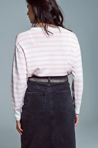 Camisola básica de riscas com gola redonda em cor-de-rosa