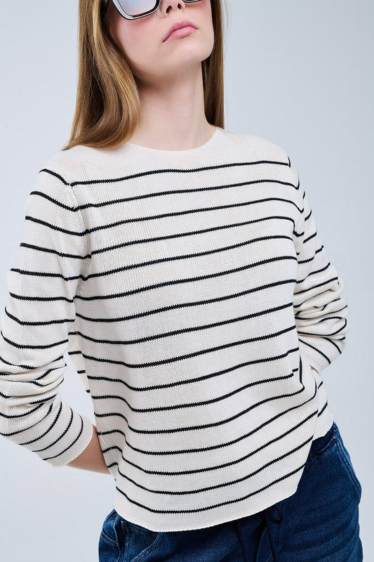 Q2 camisola bege às riscas em tricô fino