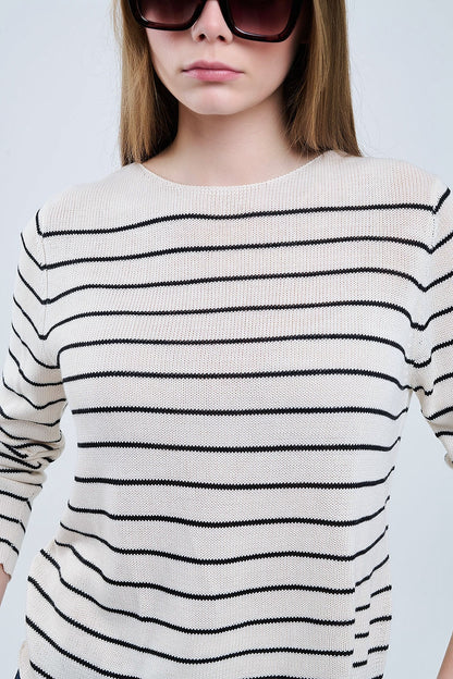 camisola bege às riscas em tricô fino