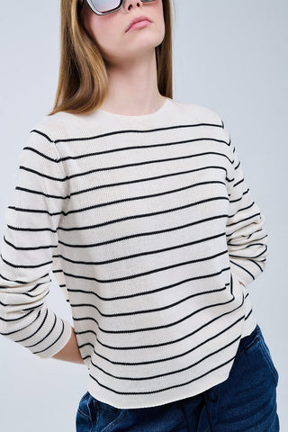 camisola bege às riscas em tricô fino