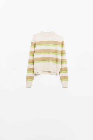 camisola bege com riscas verdes e camel