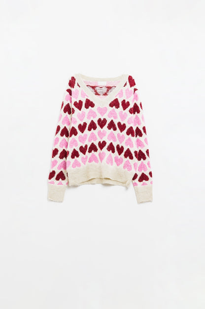 Camisola branca aconchegante com corações cor-de-rosa