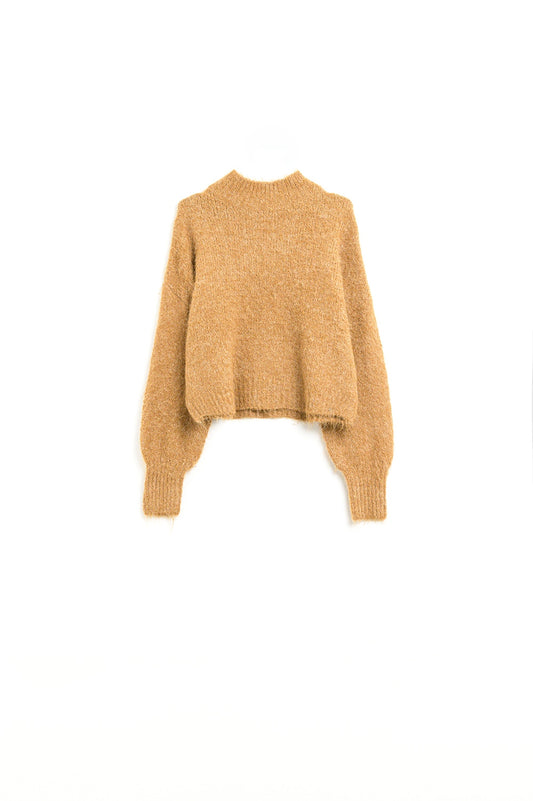 Q2 Camisola camel fofa com gola alta e mangas em balão