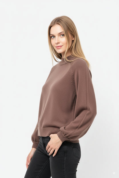 camisola castanha de estilo descontraído com mangas em balão