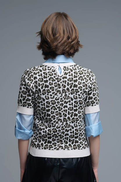 Camisola chique de manga curta com estampado de leopardo