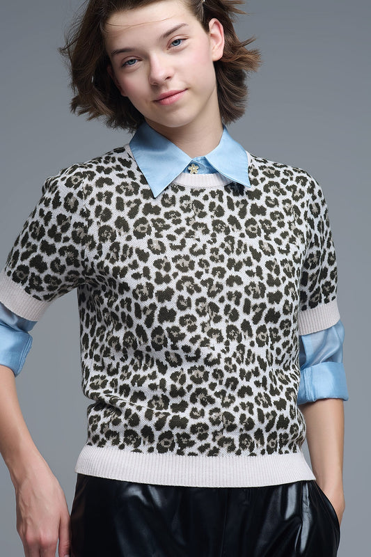 Q2 Camisola chique de manga curta com estampado de leopardo