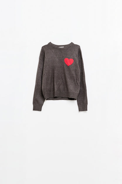 camisola cinzenta carbono com pormenor de coração vermelho