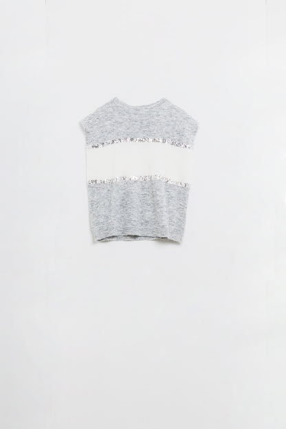 Camisola cinzenta sem mangas com pormenor de lantejoulas