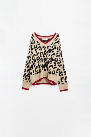 Camisola com decote em V de leopardo e detalhe de linha vermelha
