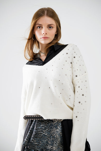 Camisola com decote em V e estrelas metálicas