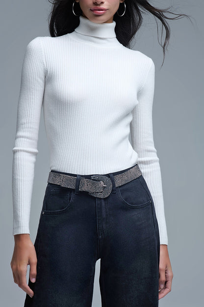 Camisola com gola tartaruga enrolada com nervuras em branco