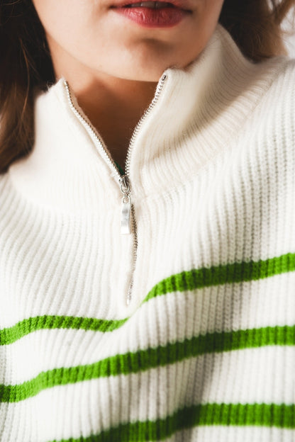 Camisola com detalhes de gola com fecho de correr às riscas em verde