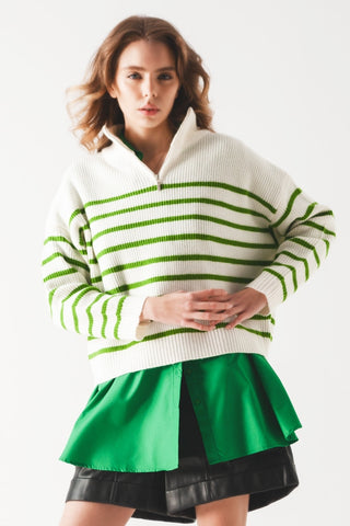Camisola com detalhes de gola com fecho de correr às riscas em verde