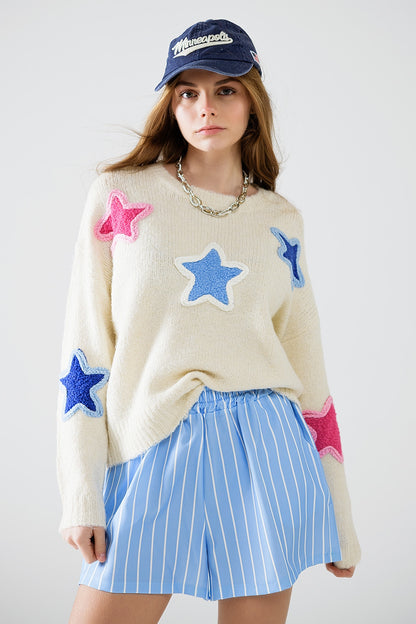 Camisola creme com estrelas bordadas