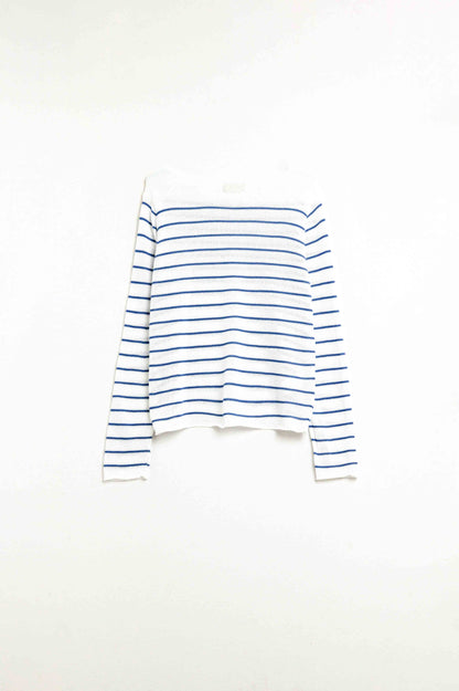 Camisola creme com riscos azuis em malha fina